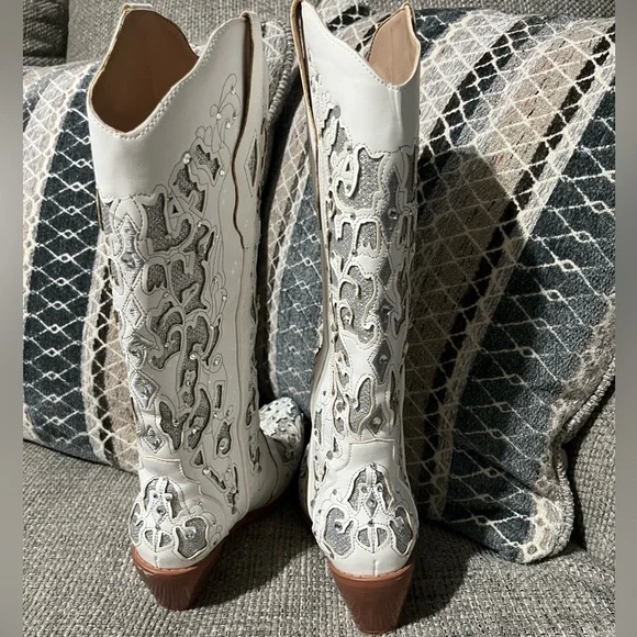 Women’s cowboy boots white gray heel rhinestones size 7 wedding concert - Picture 5 of 7
